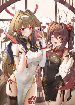 2girls alternate_costume animal_ears black_dress black_thighhighs boo_tao_(genshin_impact) breasts bridal_gauntlets brown_hair cellphone china_dress chinese_clothes cleavage covered_navel crossover dress fang flower-shaped_pupils genshin_impact ghost hair_ornament highres holding holding_phone hu_tao_(genshin_impact) large_breasts leg_tattoo long_hair looking_at_viewer medium_breasts multiple_girls one_eye_closed open_mouth phone red_eyes single_bridal_gauntlet single_thighhigh sleeveless sleeveless_dress smartphone smile standing standing_on_one_leg symbol-shaped_pupils tattoo thighhighs very_long_hair white_bridal_gauntlets white_dress wol_(wol_927) ye_shunguang zenless_zone_zero