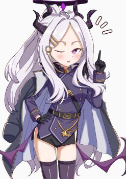 1girl absurdres ahoge belt black_belt black_gloves black_halo black_skirt black_thighhighs blue_archive breasts commentary_request demon_girl demon_horns demon_wings gloves halo highres hina_(blue_archive) horns kanoeki95002 long_hair looking_at_viewer low_wings purple_eyes simple_background skirt small_breasts solo standing thighhighs thighs white_background white_hair wings