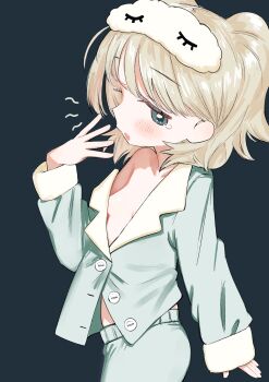 Rule 34 | 1girl, arm at side, blonde hair, blue background, breasts, bright pupils, cowboy shot, eye mask, from side, green eyes, green pajamas, green pants, green shirt, half-closed eyes, hand up, highres, long sleeves, looking to the side, mask, medium hair, midriff peek, no bra, no sclera, off shoulder, open mouth, original, pajamas, pants, partially unbuttoned, shirt, sideboob, simple background, single bare shoulder, small breasts, solo, standing, straight hair, unbuttoned, unbuttoned shirt, white pupils, yabasoba, yawning