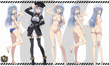 1girl 86_-eightysix- antenna_hair ass barefoot black_boots black_hat black_jacket black_thighhighs boots breasts cleft_of_venus commentary_request completely_nude epaulettes feet full_body grabbing_another&#039;s_ass groping hair_between_eyes hat highres jacket kneepits large_breasts long_hair long_sleeves looking_at_viewer military_uniform multiple_views nanikairu navel no_nipples no_pussy nude paid_reward_available peaked_cap pussy salute skirt soles standing standing_on_one_leg thighhighs thighs toes vladilena_millize white_skirt