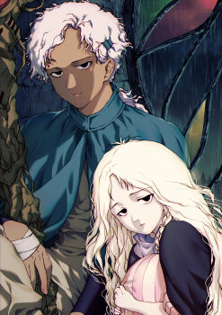 Rule 34 | 1boy, 1girl, black eyes, blue cloak, boy (tenshi no tamago), braid, cloak, commentary request, dress, expressionless, girl (tenshi no tamago), highres, holding, holding weapon, long hair, messy hair, mikura (miraclemicro), pale skin, ponytail, sitting, striped clothes, striped dress, tenshi no tamago (anime), very long hair, weapon, white hair