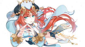 Rule 34 | 1girl, absurdres, aqua eyes, barefoot, blue gem, bracer, breasts, brooch, circlet, closed mouth, commentary request, crop top, fake horns, feet, fingernails, floating hair, gem, genshin impact, harem outfit, highres, horns, jewelry, kolimiya, large breasts, long hair, looking at viewer, neck ring, nilou (genshin impact), own hands together, parted bangs, red hair, signature, simple background, smile, solo, thighlet, toes, twintails, veil, white background, white veil