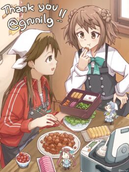 Rule 34 | 2girls, alternate costume, apron, arashio (kancolle), asagumo (kancolle), bandana, bento, black apron, bow, bowtie, brown hair, collared shirt, commentary request, commission, cosplay, donut hair bun, double bun, dress, dress shirt, fairy (kancolle), green bow, green bowtie, hair bun, jacket, kantai collection, long hair, michishio (kancolle), michishio (kancolle) (cosplay), michishio (saury festival) (kancolle), michishio kai ni (kancolle), multiple girls, nwr, pinafore dress, red jacket, rice cooker, shirt, sleeveless, sleeveless dress, table, track jacket, twintails, white bandana, white shirt, yamagumo (kancolle)