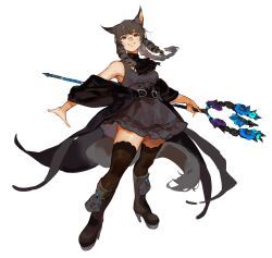 Rule 34 | 1girl, animal ears, black cape, black dress, black footwear, black thighhighs, boots, brown hair, cape, double-parted bangs, dress, drill hair, drill sidelocks, facing viewer, final fantasy, final fantasy xiv, full body, glasses, grey eyes, head tilt, high heel boots, high heels, highres, holding, holding trident, holding weapon, knee boots, mafuin da, miqo&#039;te, off shoulder, painterly, parted lips, polearm, ponytail, sidelocks, simple background, sleeveless, sleeveless dress, smile, solo, tail, thighhighs, three quarter view, trident, warrior of light (ff14), weapon, white background