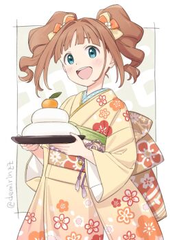 Rule 34 | 1girl, blue eyes, blush, brown hair, commentary request, demirinz, food, fruit, highres, idolmaster, idolmaster (classic), japanese clothes, kagami mochi, kimono, looking at viewer, mandarin orange, medium hair, new year, open mouth, print kimono, smile, solo, takatsuki yayoi, twintails