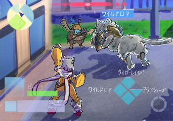1girl absurdres animal_ears arm_up bodysuit cat_ears cat_girl dromarch_(xenoblade) fukkatsu_saisei_kaijin gameplay_mechanics grey_hair health_bar highres minimap nia_(xenoblade) nintendo pokemon pokemon_legends:_z-a user_interface xenoblade_chronicles_(series) xenoblade_chronicles_2 yellow_bodysuit