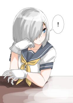 Rule 34 | !, 30-06, blue eyes, gloves, grey hair, grey sailor collar, hair ornament, hair over one eye, hairclip, hamakaze (kancolle), highres, kantai collection, looking to the side, neckerchief, sailor collar, sailor shirt, school uniform, serafuku, shirt, short hair, short sleeves, spoken exclamation mark, upper body, white gloves, white shirt, yellow neckerchief