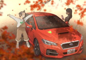 2girls arms_up brown_overalls car commentary_request falling_leaves happy highres jettoburikku leaf license_plate long_sleeves maple_leaf motor_vehicle multiple_girls original overalls red_car shoes smile sneakers standing subaru_(brand) subaru_levorg sweater teeth vehicle_focus white_shoes white_sweater