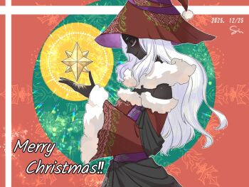 1girl bare_shoulders black_skin christmas closed_eyes colored_eyelashes colored_skin commentary_request dated dress elden_ring elden_ring_nightreign from_side fur-trimmed_dress fur_collar fur_trim hat lipstick long_hair makeup not_4423 recluse_(elden_ring) red_hat santa_costume santa_dress santa_hat smile solo white_eyelashes white_hair wide_sleeves witch_hat
