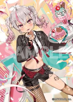 1girl 2pineapplepizza antenna_hair asymmetrical_legwear black_jacket black_shorts blush brown_nails cake cake_slice candy cherry chocolate chocolate_bar collared_shirt confetti copyright_name cropped_jacket diner fishnets food fruit gradient_eyes gradient_hair gradient_necktie hair_ornament holding jacket leg_tattoo matsukai_mao matsukai_mao_(1st_costume) milkshake multicolored_eyes multicolored_hair necktie nijisanji official_art open_mouth pink_eyes pink_hair sample_watermark shirt shorts solo strawberry_shortcake streaked_hair streamers tattoo tongue virtual_youtuber watermark white_hair