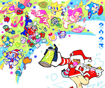 &gt;_&lt; 1other 2023 4boys 4girls amigo arms_behind_head banana bayonetta bayonetta_(series) bell black_gloves blonde_hair blowing_bubble_gum blowing_bubbles blue_eyes blue_skin boots candy candy_cane carbuncle_(puyopuyo) cd chao_(sonic) character_request check_character check_copyright chewing_gum christmas chu_chu_rocket chubei closed_eyes colored_skin company_connection copyright_name copyright_request crossover cup dreamcast_controller dress earrings elbow_gloves food fruit game_console gift glasses gloves gum_(jsr) hair_ornament hair_over_one_eye hair_ribbon handbell hat headset heart highres holding holding_bell holding_candy holding_candy_cane holding_cup holding_food house_of_the_dead itsmung jester_cap jet_set_radio jewelry kapu_kapu knee_boots long_sleeves loving_deads:_the_house_of_the_dead_ex monkey morolian multiple_boys multiple_crossover multiple_girls neutral_chao nights_(character) nights_into_dreams one_eye_closed orange_hair pink_hair puyopuyo red_dress red_footwear red_lips red_nose red_ribbon ribbon ristar ristar_the_shooting_star roller_skates samba_de_amigo santa_hat sega sega_dreamcast skates sketchynomicon skirt smile snowflakes sonic_(series) sonic_the_hedgehog sonic_the_hedgehog_(classic) space_channel_5 spiral spray_can star_(symbol) star_hair_ornament striped_sleeves sweater turtleneck turtleneck_sweater twintails ulala white_footwear white_gloves white_skirt zobiko zombie