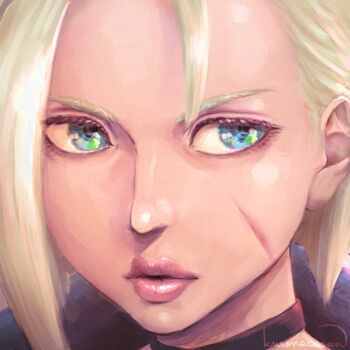 1girl black_choker blonde_hair blue_eyes cammy_white choker commentary_request highres kuroneco scar scar_on_face short_hair signature solo street_fighter