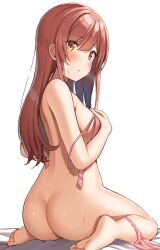 Rule 34 | 1girl, absurdres, ass, back, bare arms, bare legs, bare shoulders, barefoot, bed sheet, blush, bra, breasts, brown eyes, covering breasts, covering privates, feet, from behind, full body, hair between eyes, heavy breathing, highres, idolmaster, idolmaster shiny colors, long hair, looking at viewer, looking back, medium breasts, on bed, osaki amana, panties, panties around leg, panty pull, parted lips, pink bra, pink panties, red hair, sideboob, simple background, sitting, soles, solo, sweat, thighs, toes, underwear, wanimaru, wariza, white background