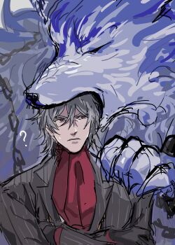 1boy absurdres animal antonio_salieri_(fate) antonio_salieri_(second_ascension)_(fate) ascot biting chain closed_eyes confused crossed_arms fate/grand_order fate_(series) fog_fgo grey_jacket hair_between_eyes hand_on_another's_shoulder head_biting highres jacket lapels lobo_(fate) long_sleeves looking_at_another male_focus notched_lapels oversized_animal parted_lips pinstripe_jacket pinstripe_pattern red_ascot red_eyes short_hair striped_clothes striped_jacket sweat upper_body wolf