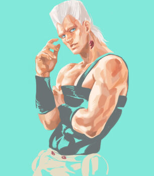 1boy anzumame bare_shoulders blue_eyes cheekbones earrings flattop grey_hair jean_pierre_polnareff jewelry jojo_no_kimyou_na_bouken male_focus no_lineart solo stardust_crusaders wristband