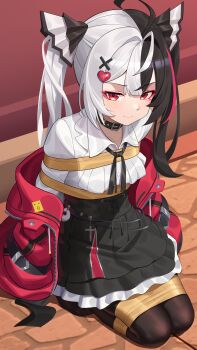 1girl absurdres ahoge black_hair black_pantyhose black_skirt breasts closed_mouth collared_shirt commentary_request eyeshadow hair_ornament heart heart_hair_ornament highres jacket lacrimosa_(nte) long_hair looking_at_viewer makeup multicolored_hair neverness_to_everness pantyhose red_eyes red_eyeshadow red_jacket red_streaks restrained shirt skirt small_breasts solo streaked_hair twintails two-tone_hair very_long_hair white_hair wo_cao_xiao x_hair_ornament