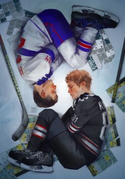 Rule 34 | 2boys, black hair, black pants, blonde hair, blue pants, closed eyes, commentary, dunkle dottie, from above, heated rivalry, highres, hockey stick, hockey sweater, hockey uniform, ice skates, ilya rozanov, lying, male focus, multiple boys, newspaper, on side, pants, shane hollander, short hair, skates, symbol-only commentary