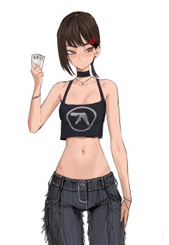 Rule 34 | 1girl, absurdres, aphex twin, black camisole, black choker, breasts, brown eyes, brown hair, camisole, chainsaw man, choker, closed mouth, commentary, crop top, cross, cross necklace, earrings, english commentary, grey pants, hair ornament, hairclip, higashiyama kobeni, highres, holding, holding ticket, jewelry, mole, mole under eye, mole under mouth, multiple moles, navel, necklace, pants, ponytail, short ponytail, simple background, single sidelock, small breasts, solo, stud earrings, tefi blum, ticket, white background