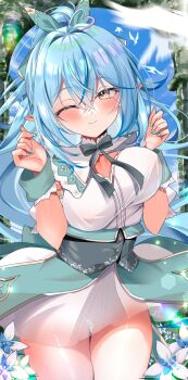 1girl ahoge blue_hair bouncing_breasts breasts cleavage cowboy_shot dress elf heart heart_ahoge high_ponytail highres hololive large_breasts long_hair mizuno_kurage one_eye_closed pointy_ears ponytail see-through_clothes see-through_skirt shirt skirt solo virtual_youtuber white_dress white_shirt yellow_eyes yukihana_lamy