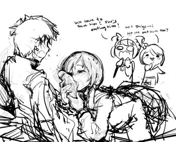 Rule 34 | 1boy, 3girls, chibi, chibi inset, clothed sex, corpse party, english text, fellatio, ge-b, greyscale, kishinuma yoshiki, licking, monochrome, multiple girls, ogasawara nana, open fly, oral, penis, shinozaki ayumi, short hair, sketch, suzumoto mayu