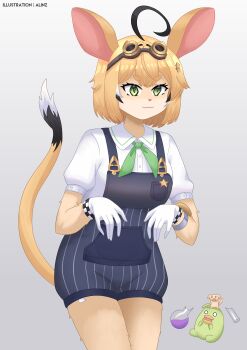 1girl :3 absurdres ahoge alinz animal_ears animal_nose artist_name black_hair black_streaks blonde_hair bob_cut body_fur breast_pocket breasts bubbles_(dooby) buttons checkered_clothes closed_mouth colored_skin commentary cowboy_shot crossed_bangs dog dooby dooby_(1st_costume) double-parted_bangs english_commentary flask furrification furry furry_female gloves goggles goggles_on_head gradient_background green_eyes green_neckerchief grey_background hair_ornament hands_up highres hikimayu indie_virtual_youtuber jerboa_tail kappa kemonomimi_mode kippu_(dooby) legs_together looking_ahead mascot medium_breasts mouse_ears mouse_girl mouse_tail multicolored_hair multicolored_skin multicolored_tail neckerchief overall_shorts overalls pinstripe_overalls pinstripe_pattern pocket puffy_short_sleeves puffy_sleeves purple_liquid round-bottom_flask shirt short_eyebrows short_hair short_sleeves simple_background smile solo streaked_hair tail tail_raised thick_eyebrows thighs train_conductor two-tone_skin virtual_youtuber white_gloves white_hair white_shirt white_streaks yellow_tail