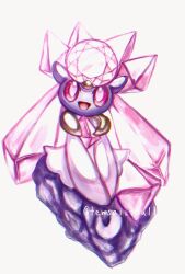 1girl animal_ears artist_name chest_jewel colored_sclera colored_skin diancie female_focus full_body gem gen_6_pokemon grey_background happy legendary_pokemon long_hair looking_at_viewer mythical_pokemon neverland+ nintendo open_mouth own_hands_together pink_eyes pink_gemstone pink_hair pokemon pokemon_(creature) purple_skin red_sclera rock signature simple_background smile solo twintails twitter_username v_arms