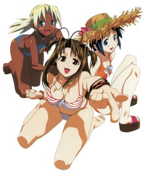 3girls alternate_hairstyle antenna_hair barefoot bikini bindi blonde_hair blue_eyes blue_hair blush_stickers bob_cut bracelet brown_eyes brown_hair cross dark-skinned_female dark_skin feet full_body green_eyes hat highres jewelry kaolla_su latin_cross love_hina maehara_shinobu multiple_girls narusegawa_naru official_art one-piece_swimsuit straw_hat striped_bikini striped_clothes swimsuit thong thong_bikini toes wide_hips