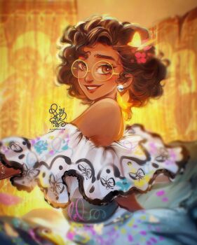 1girl brown_eyes brown_hair colombian_clothes curly_hair dark-skinned_female dark_skin earrings embroidery encanto glasses green-framed_eyewear hashtag-only_commentary highres jewelry mirabel_madrigal round_eyewear roytheart shirt short_hair skirt smile solo thick_eyebrows