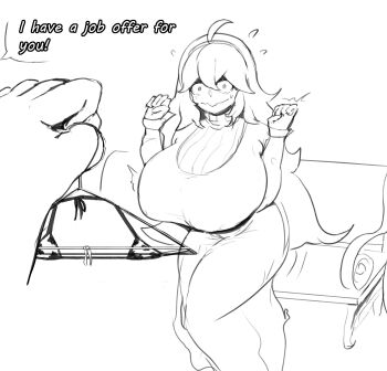 1girl absurdres ahoge animal_print bikini booruguru breasts cow_print cow_print_bikini english_text hex_maniac_(pokemon) hex_maniac_(pokemon_xy) highres huge_breasts micro_bikini monochrome nervous nintendo pokemon pokemon_xy pov print_bikini sitting swimsuit w_arms wire