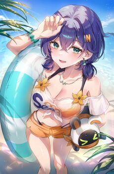 &gt;_&lt; 1girl absurdres arm_up bandana bandana_around_neck bangboo_(zenless_zone_zero) beach belle_(summer_skies)_(zenless_zone_zero) belle_(zenless_zone_zero) bikini bikini_top_under_shirt bikini_under_clothes bikini_bottom_under_shorts blue_hair blush breasts cleavage crossed_bangs day earrings eous_(zenless_zone_zero) green_eyes hair_between_eyes hair_ornament highres holding ien_(to_yen) jewelry large_breasts letter_hair_ornament looking_at_viewer navel necklace ocean off-shoulder_shirt off_shoulder official_alternate_costume open_mouth orange_bandana orange_bikini orange_shorts outdoors sand see-through_clothes see-through_shirt shirt short_hair short_twintails shorts smile solo standing swimsuit tied_shirt twintails water white_shirt zenless_zone_zero