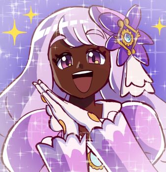 1girl ascot dark-skinned_female dark_skin dress eggtempest fascinator frilled_ascot frills glove_bow gloves gold_ring hair_ornament jacinthe_(pokemon) long_hair long_sleeves looking_at_viewer mega_stone nintendo open_mouth pokemon pokemon_legends:_z-a puffy_sleeves purple_dress purple_eyes purple_hair smile solo star_(symbol) teeth upper_body upper_teeth_only very_dark_skin white_gloves