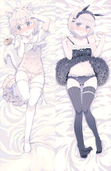 1girl absurdres animal_ear_hairband animal_ears black_camisole black_panties black_thighhighs blush breasts cameltoe camisole cat_ear_hairband cat_ears cat_tail cleavage dakimakura_(medium) drooling fake_animal_ears fake_tail full_body ganges_gawa grey_eyes hairband highres looking_at_viewer looking_to_the_side multiple_views navel one-piece_swimsuit original pale_skin panties pink_one-piece_swimsuit pinstripe_pattern rabbit_ear_hairband rabbit_ears sailor_collar shirt short_hair shy strap_pull swimsuit tail thighhighs underwear white_hair white_sailor_collar white_shirt white_thighhighs zettai_ryouiki