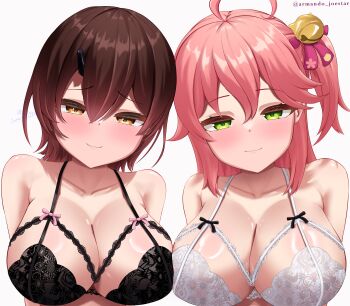 2girls absurdres ahoge armanditto bell black_bra black_ribbon blush bow bow_bra bra breast_press breasts brown_hair cleavage closed_mouth collarbone commentary english_commentary green_eyes hair_bell hair_between_eyes hair_ornament hair_ribbon hairclip highres hololive jingle_bell large_breasts lingerie long_hair looking_at_viewer medium_hair multiple_girls one_side_up pink_hair pink_lips pink_ribbon ribbon roboco-san sakura_miko signature smile symmetrical_docking twitter_username underwear virtual_youtuber white_bra yellow_eyes