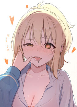 2girls blonde_hair blush breasts brown_eyes cleavage collarbone commentary_request female_pov grabbing_another&#039;s_face half-closed_eye hand_on_another&#039;s_cheek hand_on_another&#039;s_face head_grab heart heart-shaped_pupils high_ponytail highres large_breasts love_live! love_live!_nijigasaki_high_school_idol_club miyashita_ai multiple_girls nose_blush open_mouth partially_unbuttoned ponytail pov shirt simple_background symbol-shaped_pupils tata_(tataice) tearing_up tennoji_rina translation_request uneven_eyes upper_body white_background white_shirt yuri