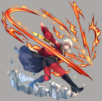 1girl absurdres asada_sadao ass black_boots black_shorts blonde_hair boots breasts closed_mouth female_byleth_(fire_emblem) fire_emblem fire_emblem:_three_houses grey_background high_heel_boots high_heels highres holding holding_sword holding_weapon medium_breasts nintendo official_alternate_color pantyhose purple_eyes red_pantyhose shorts simple_background smile solo super_smash_bros. sword sword_of_the_creator weapon whip_sword
