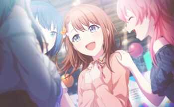 Rule 34 | 4girls, :d, ^ ^, aqua hair, balloon, blue eyes, blue hair, blue shirt, blurry, blurry foreground, braid, brown hair, closed eyes, collared shirt, colorful palette, fang, floral print shirt, game cg, grey eyes, hair ornament, hanasato minori, hand on another's shoulder, highres, hinomori shizuku, kiritani haruka, momoi airi, more more jump! (project sekai), multiple girls, official art, open mouth, pink hair, pink sweater, project sekai, scramble fan festa! (project sekai), shirt, sleeves past wrists, smile, sweater, third-party source, tongue, white shirt