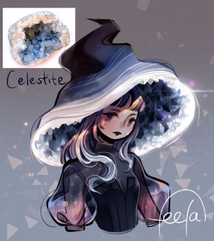 Rule 34 | blunt bangs, breasts, cleavage, crystal, feefal, geode, hat, highres, lips, lipstick, long hair, makeup, mole, mole under eye, object and personification, original, personification, procreate (medium), puffy short sleeves, puffy sleeves, quartz (gemstone), see-through clothes, see-through shirt, shirt, short sleeves, witch, witch hat