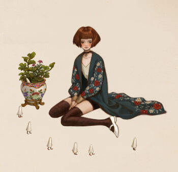 Rule 34 | 1girl, black cardigan, black choker, black eyes, black eyeshadow, black shorts, black thighhighs, blush, bob cut, brown hair, cardigan, choker, closed mouth, collarbone, commentary request, creature, eyeshadow, floral print, grey background, long sleeves, makeup, mary janes, mogoshin, original, plant, potted plant, robe, shoes, short hair, shorts, simple background, sitting, solo, thighhighs, vase, wariza, white shoes