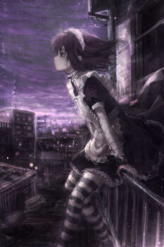1girl absurdres apron armband balcony bandages building chain choker city cityscape closed_mouth dress frilled_dress frills full_body futaba_channel hashtag-only_commentary hezaizhou highres maid maid_headdress monochrome night nijiura_maids puffy_sleeves purple_hair short_hair skull_pin solo striped_clothes striped_thighhighs thighhighs yakui