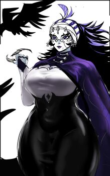 1girl 2025 arm_at_side beckoning big_hair bird black_dress border breasts claw_(weapon) cloak closed_mouth colored_skin commentary cowboy_shot crescent crow dress earrings english_commentary feather_hair_ornament female_focus forehead_jewel freckles glasses hair_ornament hand_up headband headscarf highres jewelry lady_ruc_(venommoe) large_breasts legs_together long_hair long_sleeves looking_ahead mole mole_on_cheek original pince-nez purple_cloak purple_eyes purple_hair purple_lips simple_background solo standing taut_clothes thick_thighs thighs two-tone_dress venommoe very_long_hair weapon white_background white_dress white_skin