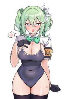 1girl absurdres arm_at_side armband black_gloves black_thighhighs blush bow bowtie breasts bright_pupils choppy_bangs cleavage clenched_hand collared_shrug commentary competition_school_swimsuit covered_navel cowboy_shot gloves green_bow green_bowtie green_hair grey_one-piece_swimsuit hair_between_eyes hand_on_own_chest hand_up highres korean_commentary large_breasts long_bangs maksagwa medium_hair multicolored_eyes multicolored_hair one-piece_swimsuit open_mouth school_swimsuit short_sleeves shrug_(clothing) simple_background small_sweatdrop solo speech_bubble spoken_blush standing stellive streaked_hair swimsuit thighhighs twintails two-tone_eyes virtual_youtuber white_background white_pupils white_shrug wide_hips yuzuha_riko