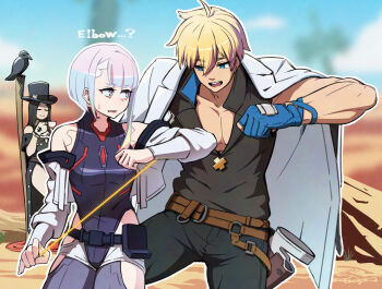 1boy 1girl 1other bare_shoulders belt bird black_hair blonde_hair blue_eyes blue_hair bob_cut crossover crow cyberpunk:_edgerunners cyberpunk_(series) cyborg english_text eyeliner eyeshadow gradient_hair guilty_gear guilty_gear_strive hat jacket ky_kiske long_hair lucy_(cyberpunk) makeup monowire multicolored_hair off-shoulder_jacket off_shoulder pink_hair red_eyeliner red_eyeshadow samurai_jacket_(cyberpunk) sawasa short_hair side_slit testament_(guilty_gear) thighs top_hat white_jacket wire