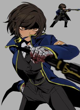 1girl armband black_jacket black_necktie black_pants blue_coat brown_eyes brown_hair coat collared_shirt cowboy_shot dark-skinned_female dark_skin e.g.o_(project_moon) gold_trim grey_background highres jacket limbus_company lobotomy_corporation_(identity)_(project_moon) looking_at_viewer magic_bullet_(e.g.o) necktie orange_armband outis_(project_moon) pants project_moon shirt short_hair simple_background solo white_shirt yippee