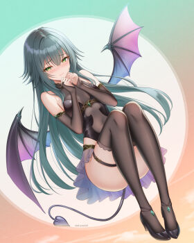 1girl akiyomi alternate_costume bare_shoulders black_shoes blue_wings blush breasts bridal_gauntlets brown_bridal_gauntlets brown_thighhighs closed_mouth commentary commentary_request covered_navel demon_tail english_commentary full_body gakuen_idolmaster green_eyes green_hair hair_over_shoulder hands_up high_heels highres idolmaster legs_together long_hair looking_at_viewer medium_breasts mixed-language_commentary multicolored_wings pink_wings purple_wings shoes tail thigh_strap thighhighs tsukimura_temari twitter_username wings