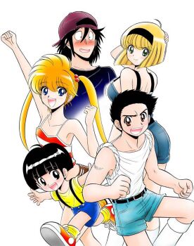 >:) 2girls 3boys arm_up ass backwards_hat baseball_cap belt belt_buckle black_belt black_eyes black_hair black_hairband black_shirt blonde_hair blue_eyes blue_shorts blue_tank_top blush breasts brown_eyes buckle camisole commentary_request green_eyes hair_bobbles hair_ornament hairband hand_on_own_head hand_up hat hosokawa_miki inaba_kyouko jigoku_sensei_nube kimura_tatsuya kneehighs kurita_makoto long_hair looking_at_another looking_at_viewer looking_back medium_breasts multiple_boys multiple_girls official_art okano_takeshi open_mouth orange_hair red_camisole red_shoes shirt shoes short_hair short_shorts shorts sideboob simple_background sleeveless sleeveless_shirt smile smug socks spaghetti_strap standing suspender_shorts suspenders tank_top tateno_hiroshi teeth twintails upper_teeth_only v-shaped_eyebrows white_background white_shirt white_socks yellow_shirt yellow_socks