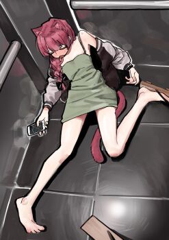 Rule 34 | 1girl, animal ears, bare legs, barefoot, blush, bocchi the rock!, braid, cat ears, cat girl, cat tail, cellphone, closed eyes, dress, elevator, fainted, geta, green dress, highres, hiroi kikuri, holding, holding phone, jacket, long hair, open clothes, open jacket, phone, red hair, short dress, smartphone, solo, tail, twin braids, yeopeu (yeopeu )