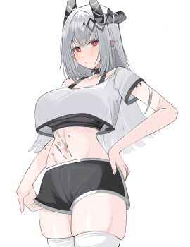1girl absurdres alternate_costume arknights black_bra black_horns black_shirt blush bra breasts bright_pupils closed_mouth collar commentary_request cowboy_shot cropped_shirt dolphin_shorts ear_piercing hair_ornament hand_on_own_hip highres horns infection_monitor_(arknights) large_breasts long_hair looking_at_viewer material_growth mudrock_(arknights) navel oripathy_lesion_(arknights) piercing pointy_ears red_eyes shirt short_sleeves shorts simple_background skindentation solo spam_(spamham4506) sports_bra standing stomach thick_thighs thighhighs thighs underwear white_background white_hair white_pupils white_shirt white_thighhighs