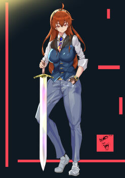 Rule 34 | 1girl, absurdres, artist logo, asymmetrical gloves, baawii, belt, black background, black hairband, bloom, blue necktie, blue vest, breasts, brown gloves, closed mouth, collared shirt, eris greyrat, full body, gloves, grey footwear, hair between eyes, hairband, hand in pocket, highres, holding, holding sword, holding weapon, large breasts, light smile, logo, long hair, looking at viewer, mushoku tensei, necktie, partially fingerless gloves, red eyes, red hair, shirt, signature, simple background, sleeves rolled up, solo, sword, tiptoes, very long hair, vest, watch, weapon, white shirt, wristwatch