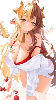 Rule 34 | 1girl, ahoge, animal ears, bell, black choker, blonde hair, bow, bowtie, bra, breasts, brown hair, cake, cake slice, character request, choker, cleavage, collarbone, commission, copyright request, cow ears, cow horns, cow tail, cowbell, cream, cream on face, food, food on face, fruit, hair intakes, highres, holding, holding cake, holding food, horns, large breasts, leaning forward, long sleeves, lyusiola, multicolored hair, orange eyes, panties, panties visible through clothes, red bra, red panties, shirt, solo, split-color hair, strap slip, strawberry, tail, underwear, white bow, white bowtie, white shirt