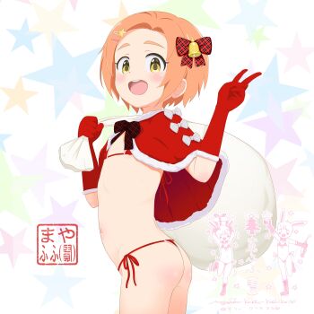 1girl :d ass bikini blush bow capelet christmas commentary_request elbow_gloves flat_chest fur-trimmed_capelet fur-trimmed_gloves fur_trim gloves hair_bow hair_ornament hairclip highres holding idolmaster idolmaster_cinderella_girls loli looking_at_viewer mayafufu micro_bikini open_mouth orange_hair panties red_bikini red_bow red_capelet red_gloves ryuzaki_kaoru santa_bikini santa_costume short_hair side-tie_bikini_bottom smile solo_focus star_(symbol) star_hair_ornament star_symbol_background swimsuit underwear v white_panties yellow_eyes
